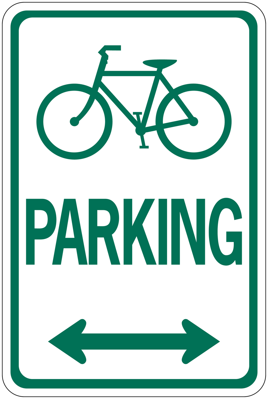 Road sign sticker with bicycle icon, PARKING text, and left-right arrows