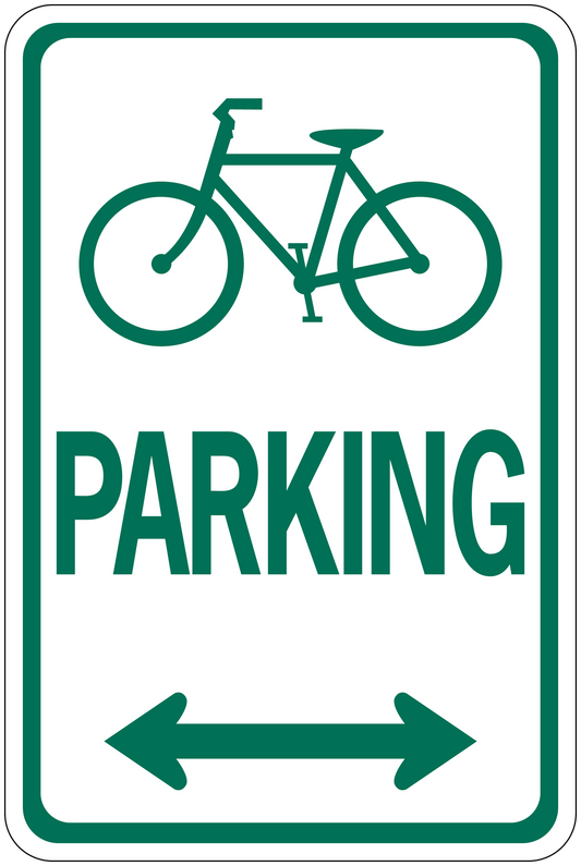 Road sign sticker with bicycle icon, PARKING text, and left-right arrows