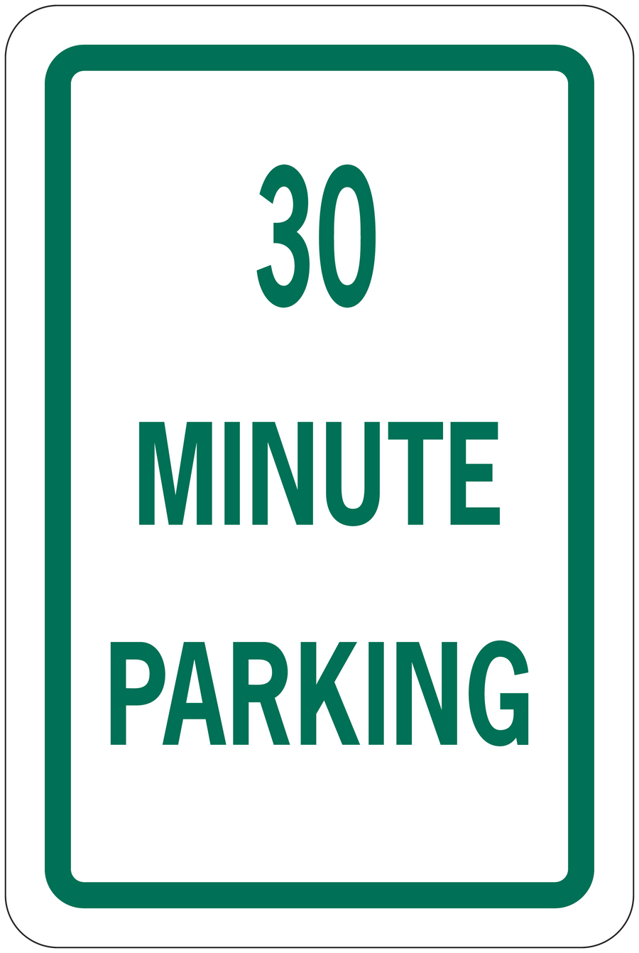 Road sign sticker with green border, reads '30 MINUTE PARKING'.
