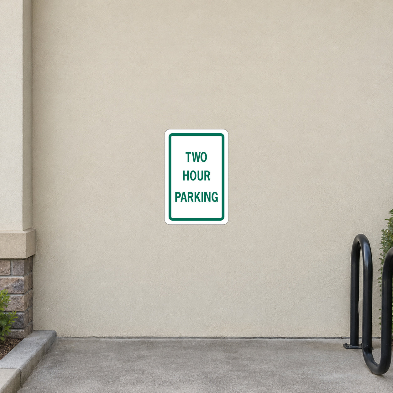 Two hour parking road sign sticker with green border and text
