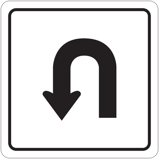 Road sign sticker, square with rounded border and black downward arrow graphic