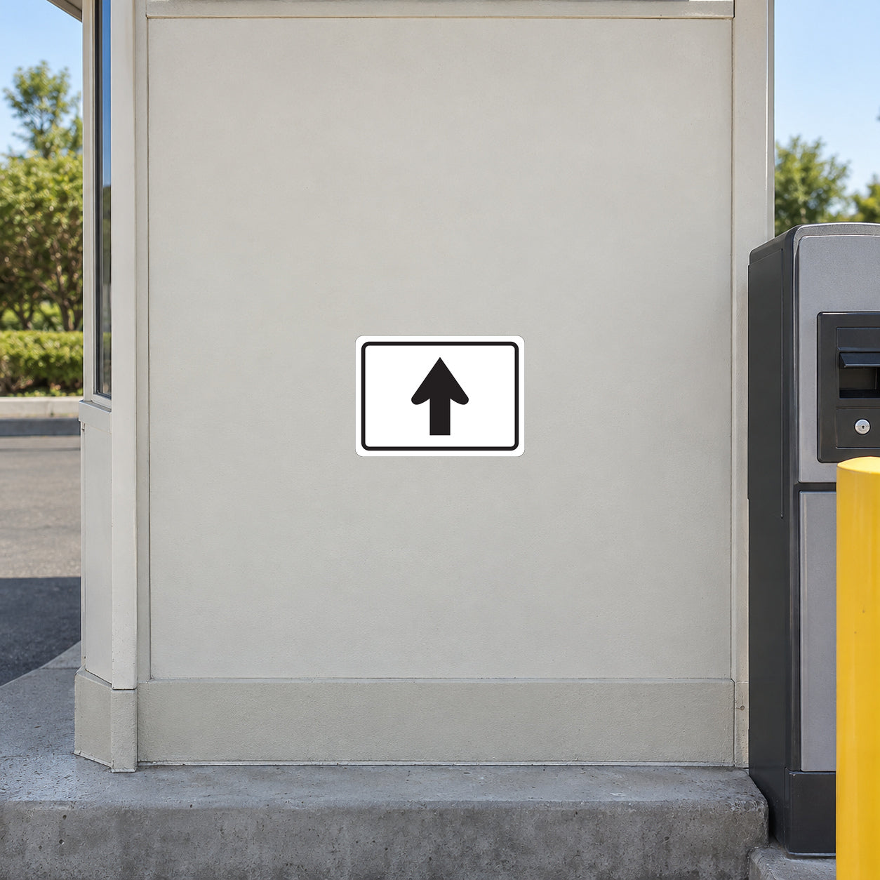 Road sign sticker with white border and upward arrow on a square background