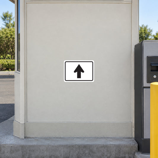 Road sign sticker with white border and upward arrow on a square background