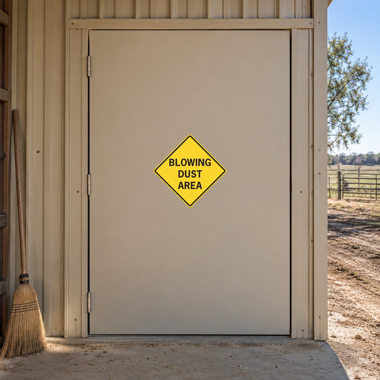 Road sign sticker with yellow diamond "BLOWING DUST AREA" text