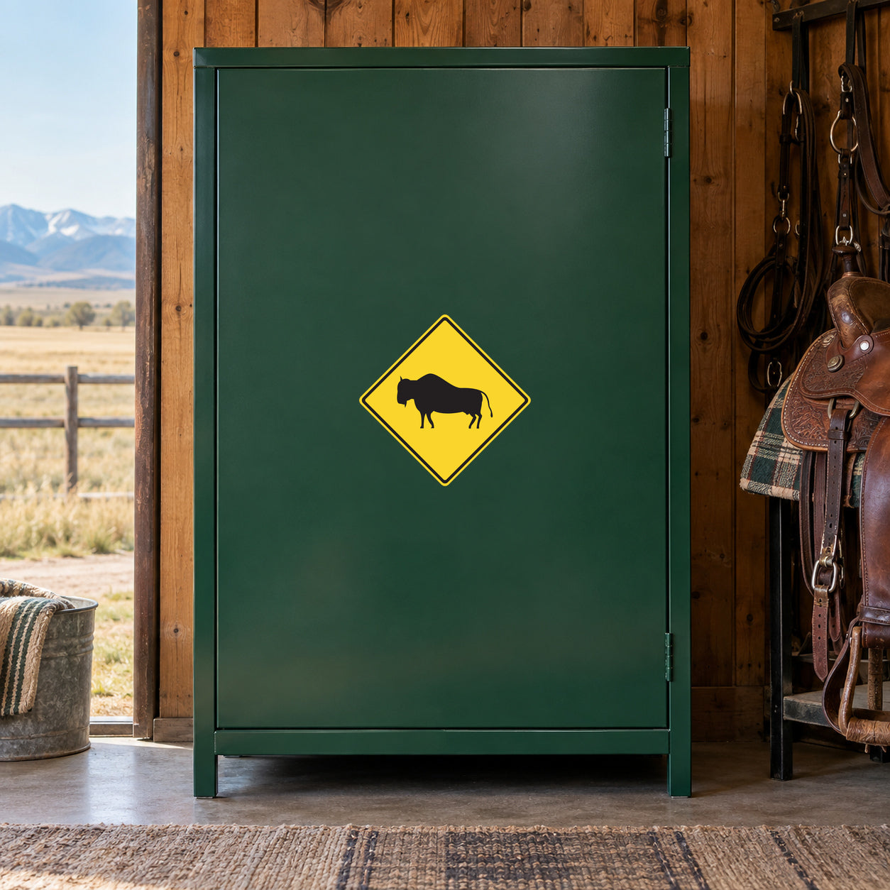 Road sign sticker: yellow diamond with black buffalo icon on green background