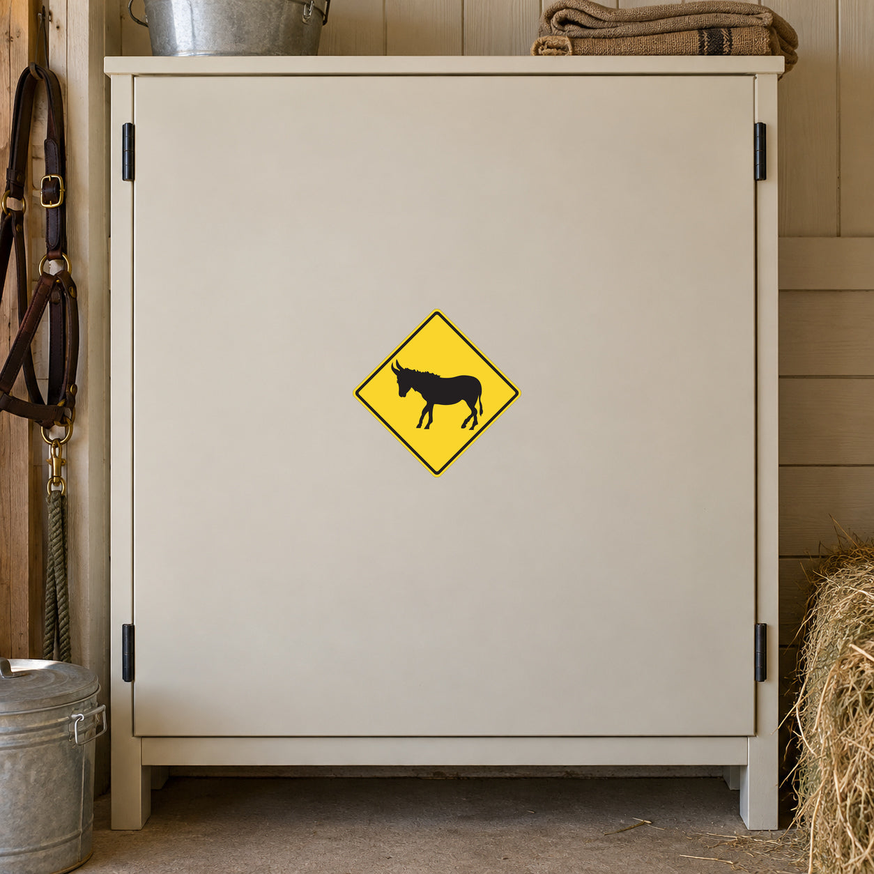 Road sign sticker with yellow diamond and black bull silhouette