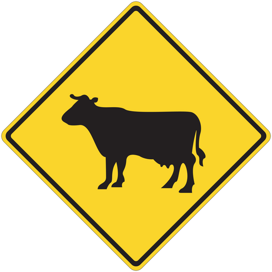 Road sign sticker with yellow diamond and black cow silhouette