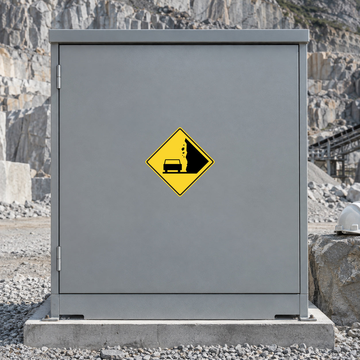 Yellow diamond roadwork warning sticker on gray road sign panel