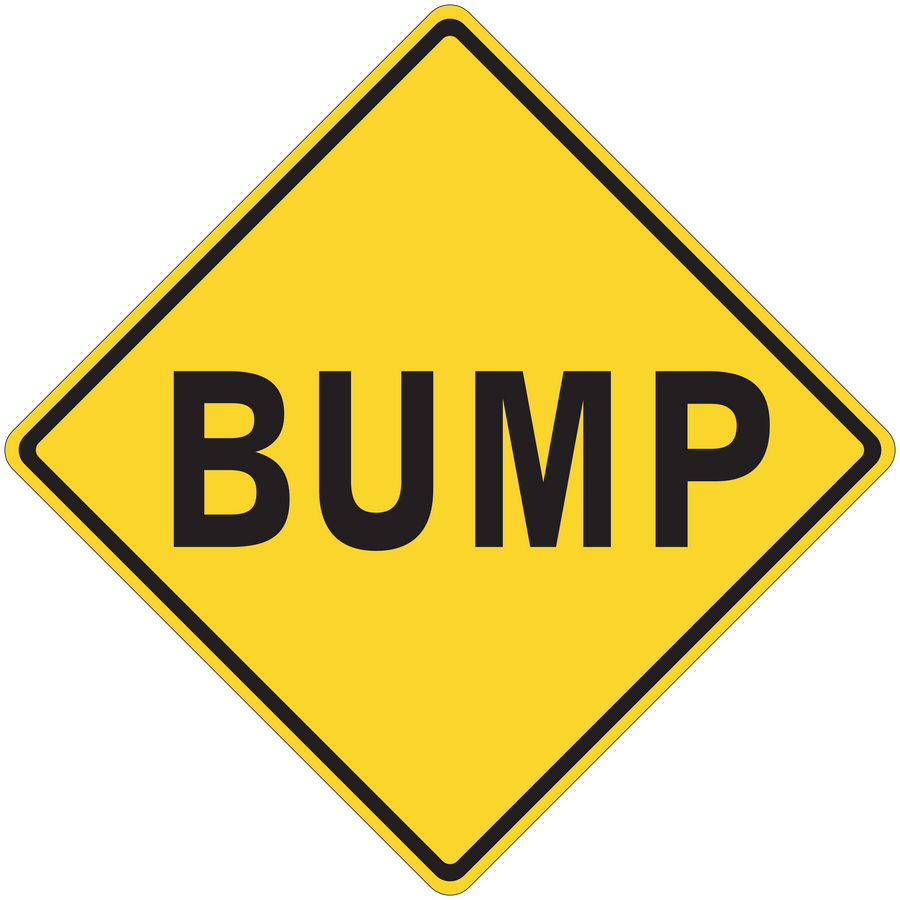 Yellow road sign sticker with black border and BUMP text in a diamond shape