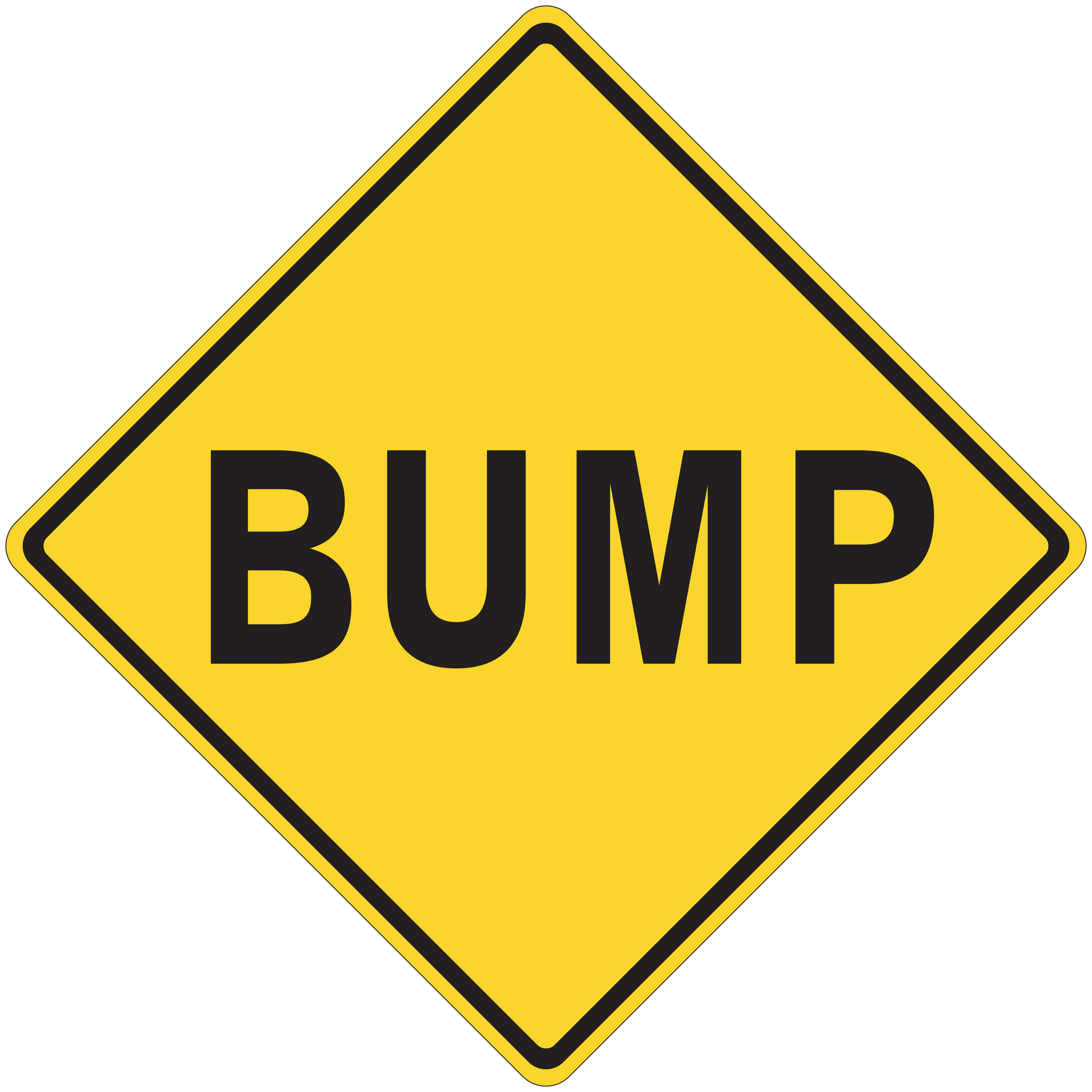 Yellow road sign sticker with black border and BUMP text in a diamond shape