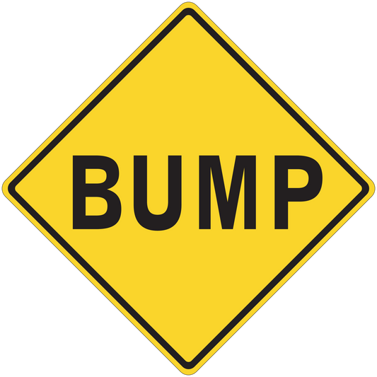 Yellow road sign sticker with black border and BUMP text in a diamond shape