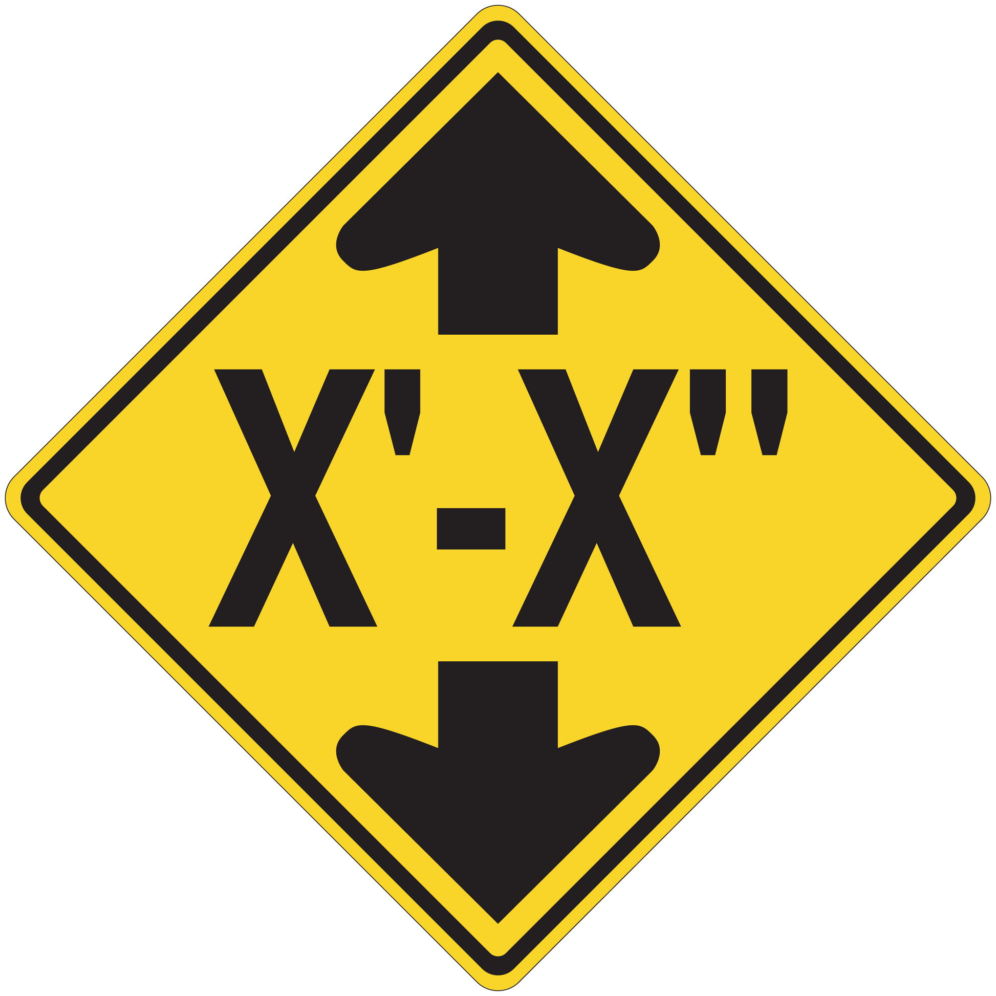 Road sign sticker: yellow diamond with black top and bottom arrows and X-X text