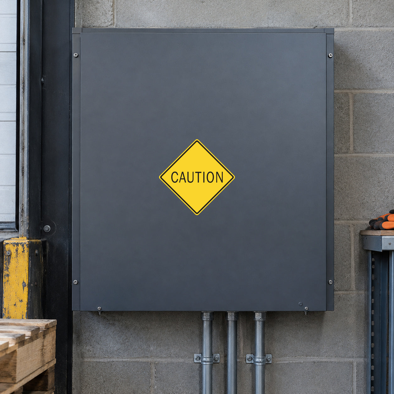 Caution road sign sticker with yellow diamond and 'CAUTION' text
