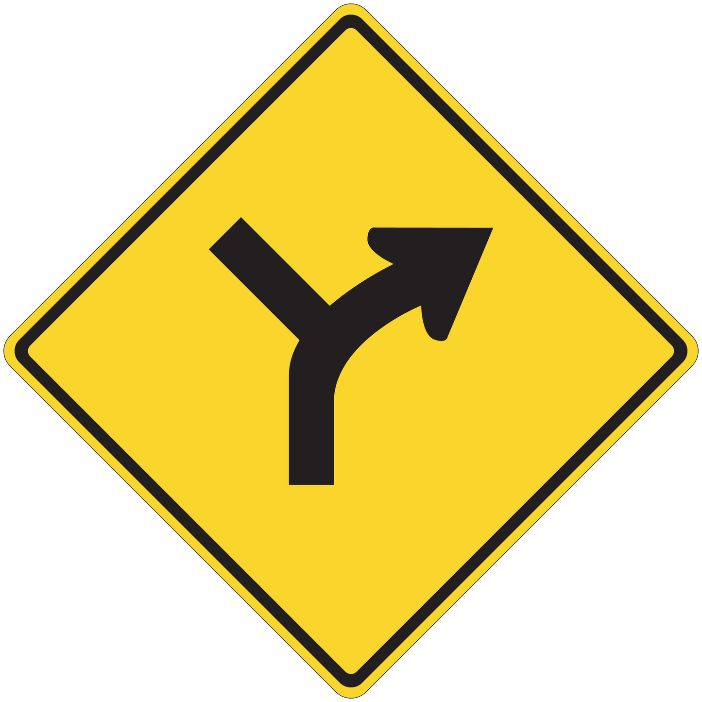 Yellow road sign sticker with black curved arrow pointing right inside diamond border