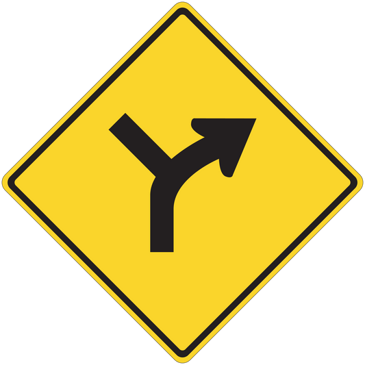 Yellow road sign sticker with black curved arrow pointing right inside diamond border