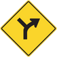 Yellow road sign sticker with black curved arrow pointing right inside diamond border