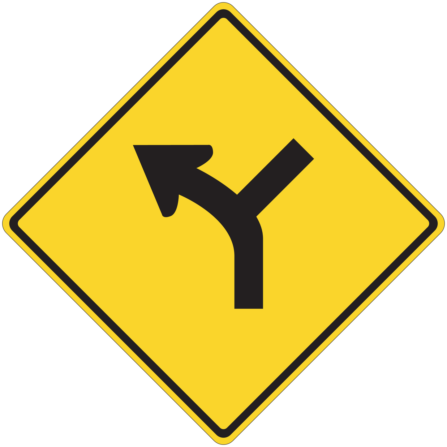 Yellow road sign sticker with black left-right turn arrows on diamond