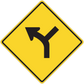 Yellow road sign sticker with black left-right turn arrows on diamond