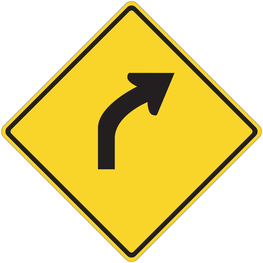 Yellow road sign sticker with black right-turn curved arrow