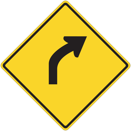 Yellow road sign sticker with black right-turn curved arrow
