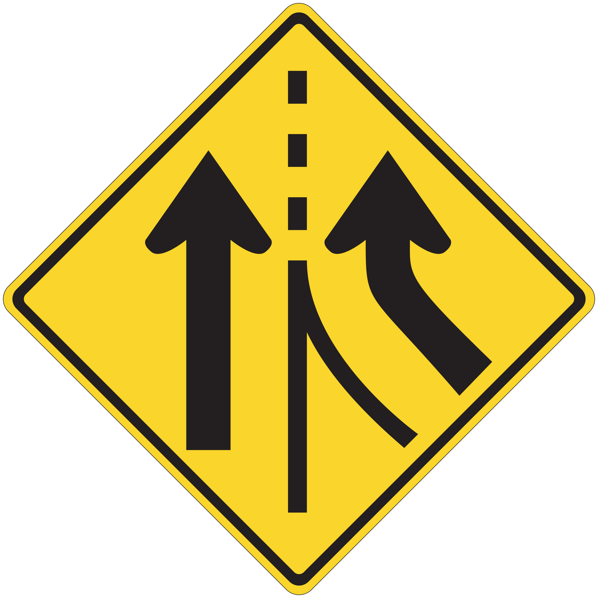 Road sign sticker: yellow diamond warning with arrows up and curve to the right