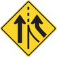 Road sign sticker: yellow diamond warning with arrows up and curve to the right