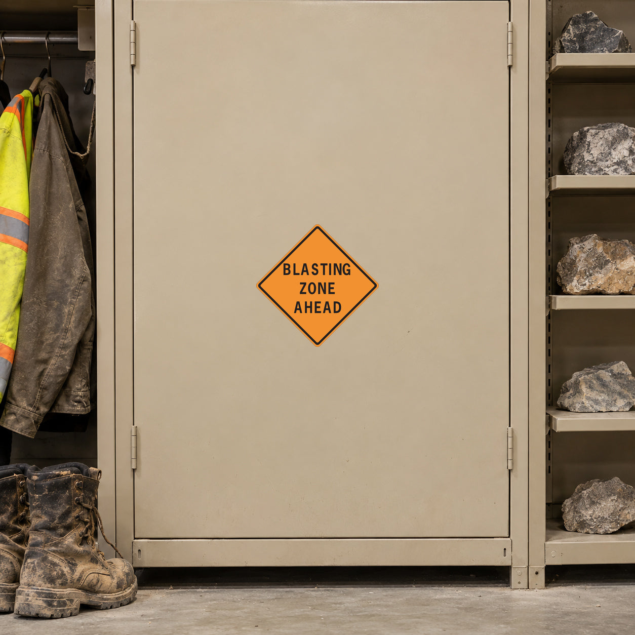 Orange diamond road sign sticker reading “BLASTING ZONE AHEAD” in black text