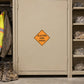 Orange diamond road sign sticker reading “BLASTING ZONE AHEAD” in black text