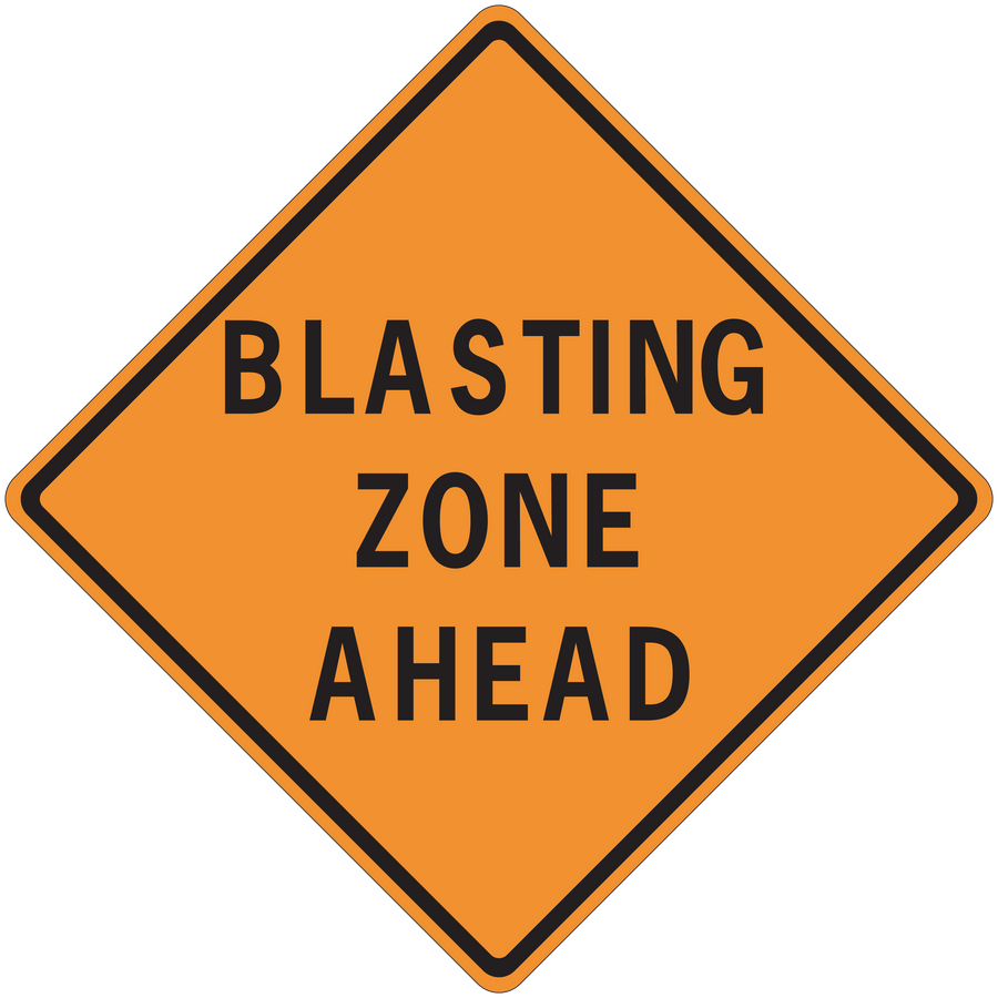 Orange road sign sticker with black border reading "BLASTING ZONE AHEAD"