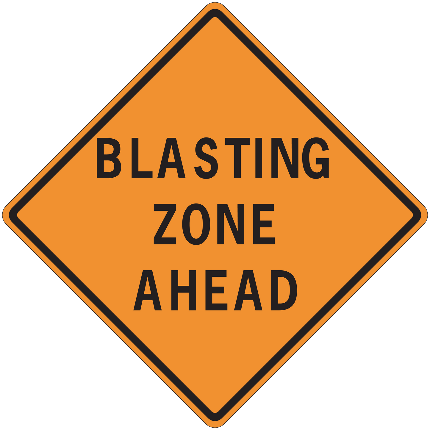 Orange road sign sticker with black border reading "BLASTING ZONE AHEAD"