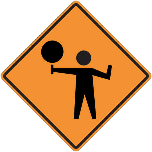 Road sign sticker: orange diamond with black warning figure holding arms out