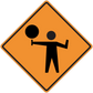 Road sign sticker: orange diamond with black warning figure holding arms out