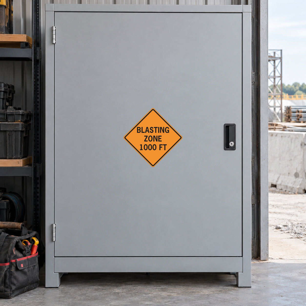 Road sign sticker with yellow diamond "BLASTING ZONE 1000 FT" on dark gray surface