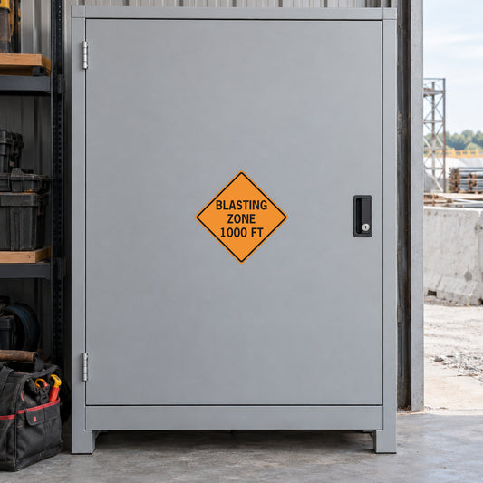 Road sign sticker with yellow diamond "BLASTING ZONE 1000 FT" on dark gray surface