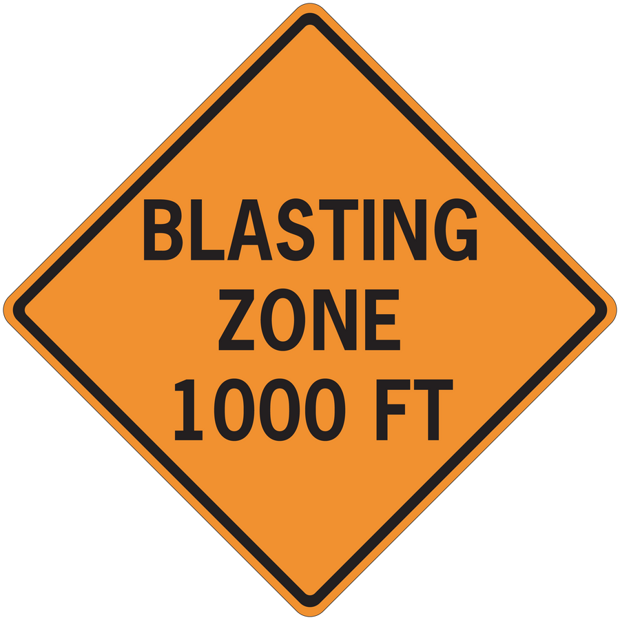 Road sign sticker with orange diamond reading 'BLASTING ZONE 1000 FT'