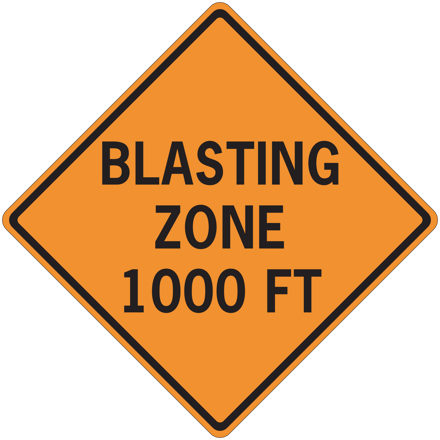 Road sign sticker with orange diamond reading 'BLASTING ZONE 1000 FT'