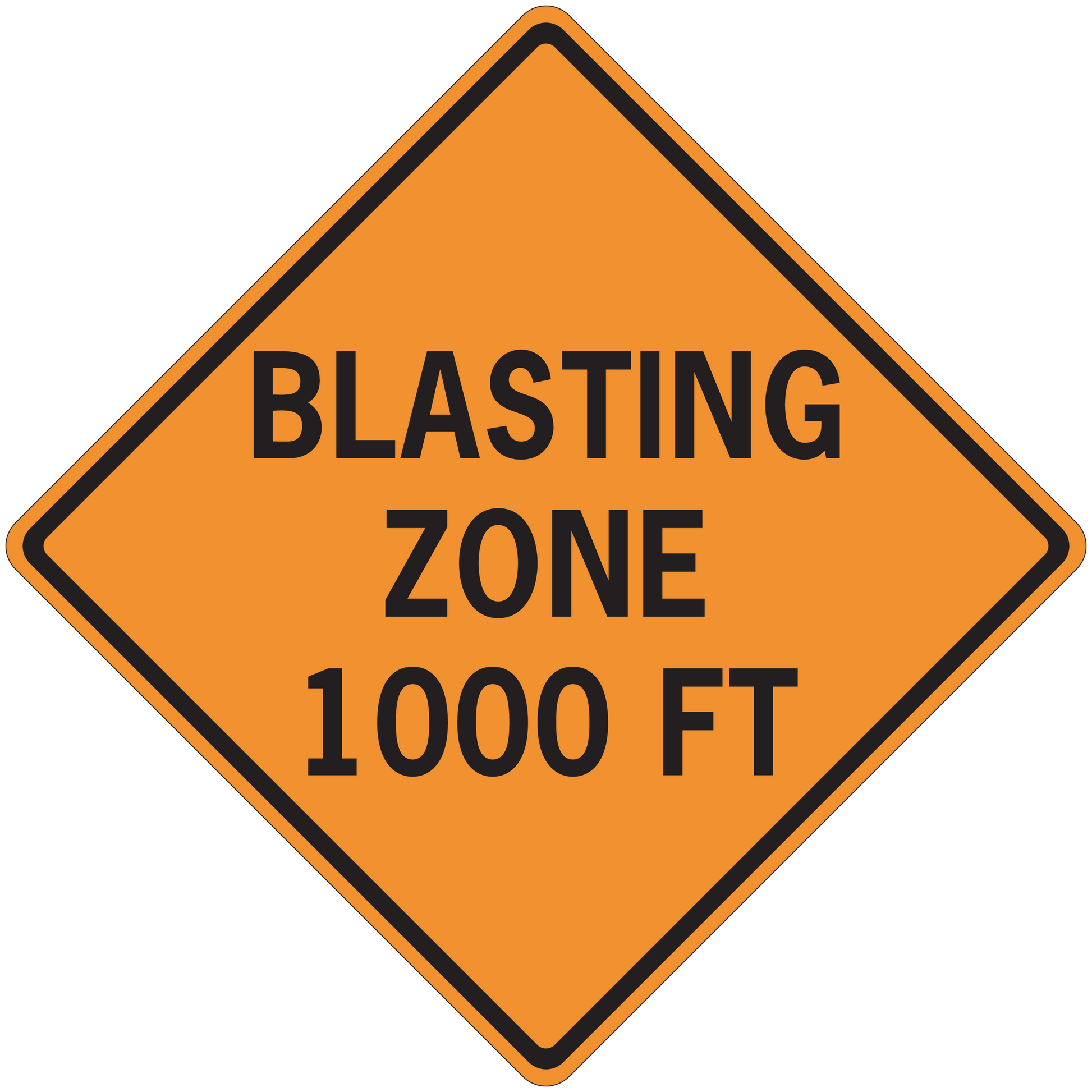 Road sign sticker with orange diamond reading 'BLASTING ZONE 1000 FT'