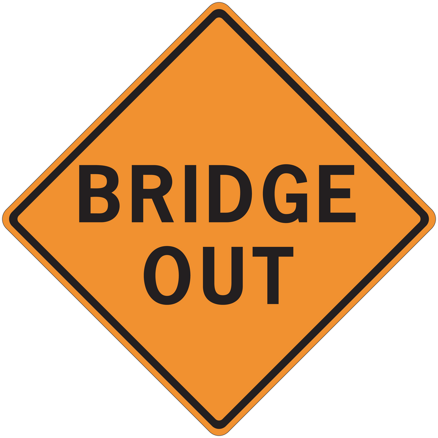 Orange diamond road sign sticker with black border and text “BRIDGE OUT”