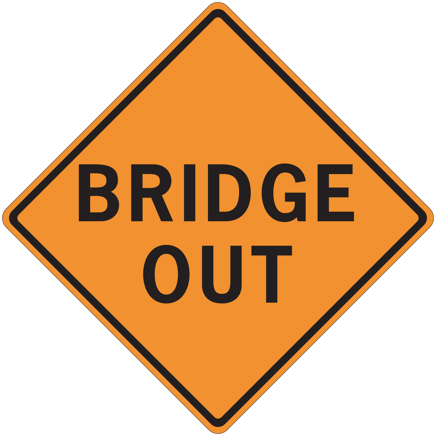 Orange diamond road sign sticker with black border and text “BRIDGE OUT”