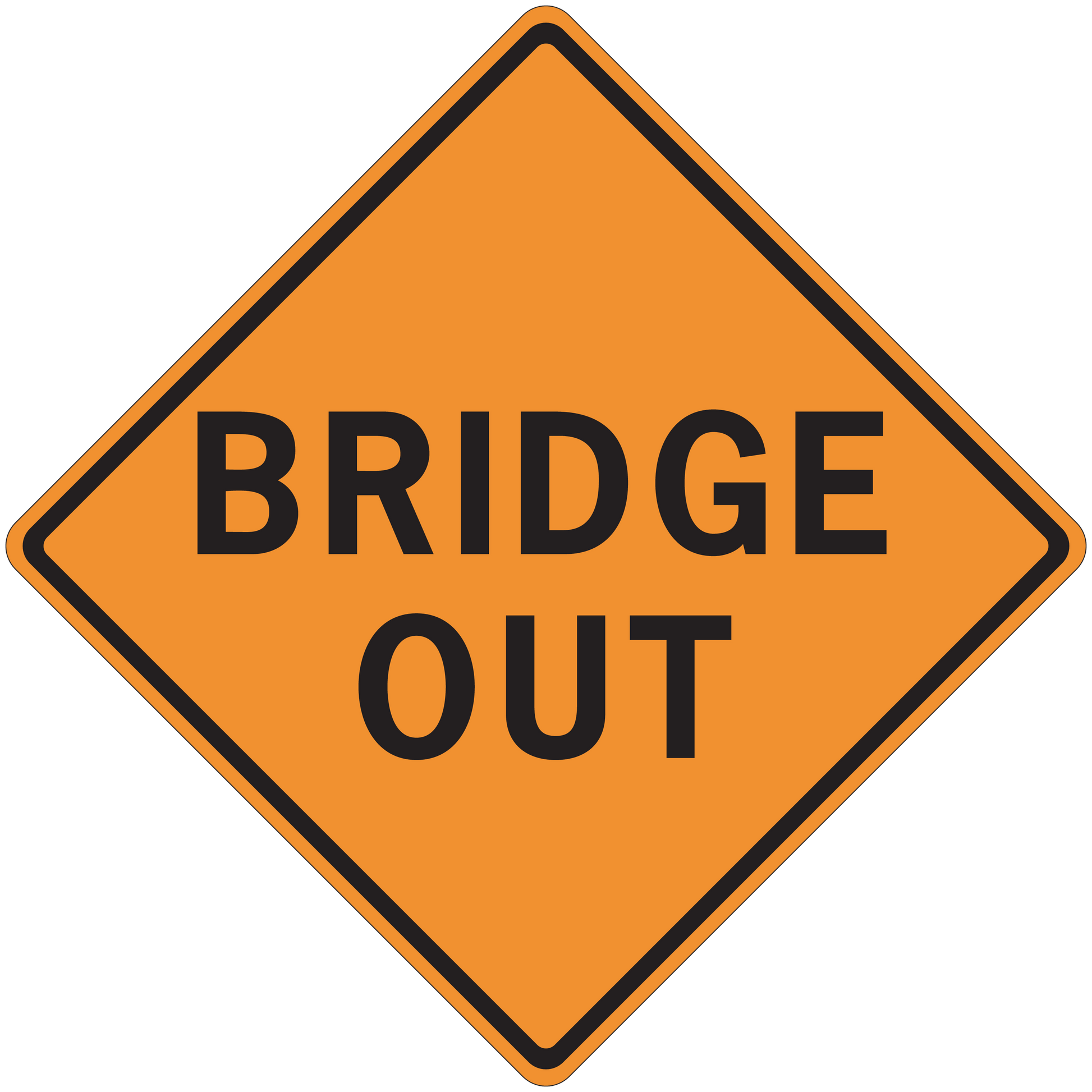 Orange diamond road sign sticker with black border and text “BRIDGE OUT”