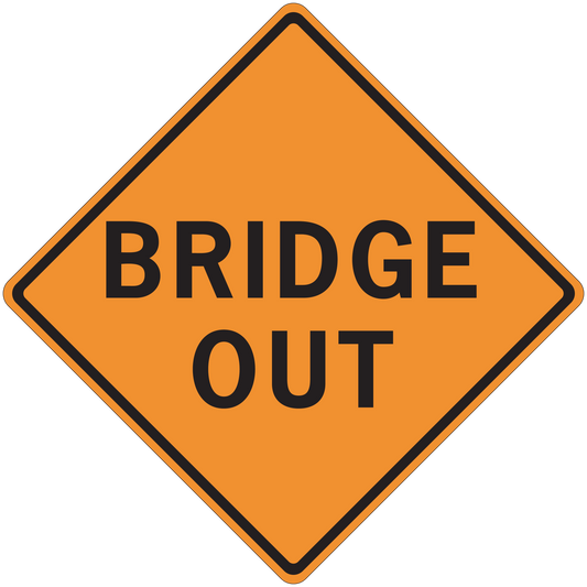 Orange diamond road sign sticker with black border and text “BRIDGE OUT”
