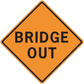 Orange diamond road sign sticker with black border and text “BRIDGE OUT”