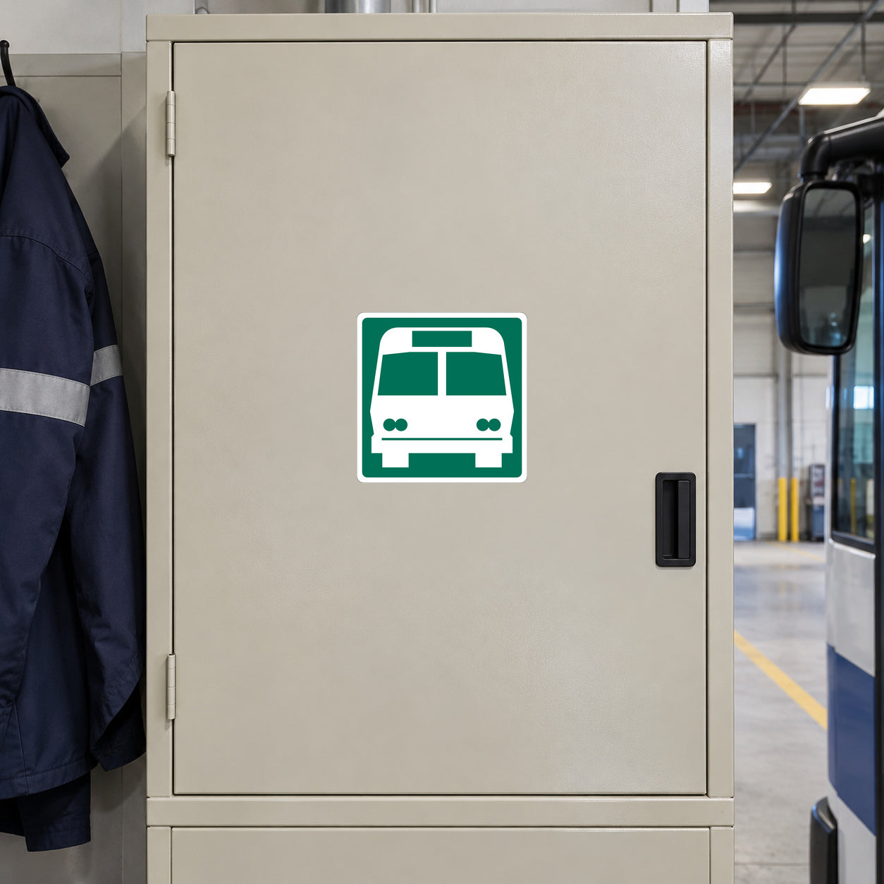 Road sign sticker with green bus icon on light background