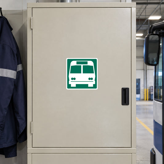 Road sign sticker with green bus icon on light background
