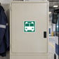 Road sign sticker with green bus icon on light background