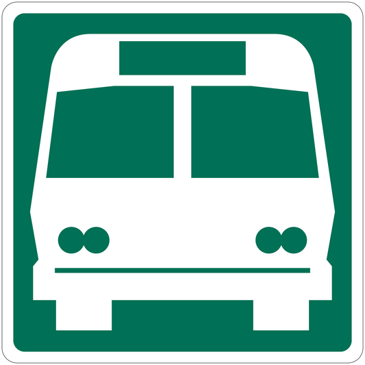 Green and white bus icon road sign sticker in a rounded square