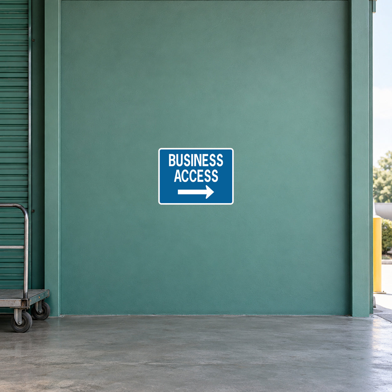 Road sign sticker: 'BUSINESS ACCESS' with right arrow