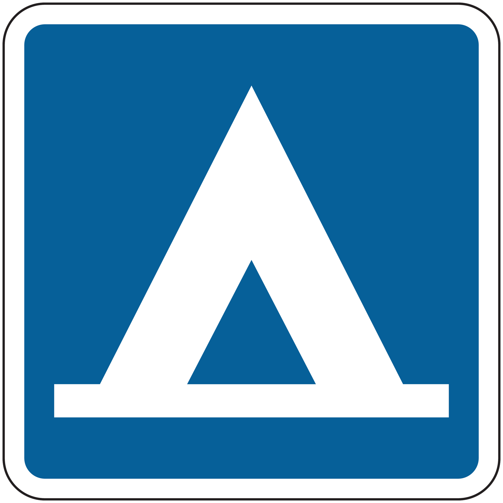 Road sign sticker: blue square with white triangular symbol