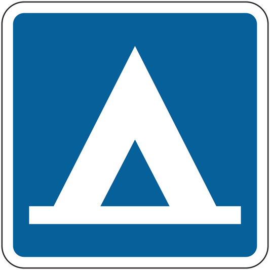 Road sign sticker: blue square with white triangular symbol