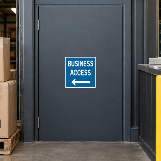 Blue accessibility road sign sticker: BUSINESS ACCESS, left arrow